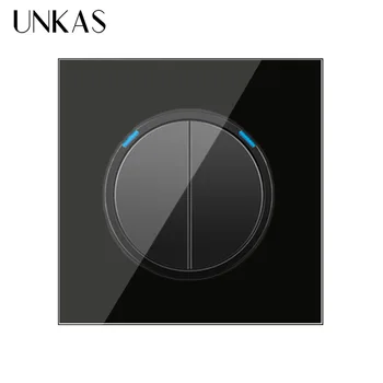 

UNKAS 2 Gang 1 Way Random Click On / Off Wall Light Switch With LED Indicator Knight Black Crystal Tempered Glass Panel