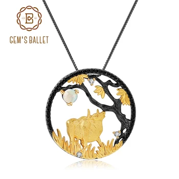 

GEM'S BALLET Natural African Opal Gemstone Pendant Necklace For Women 925 Sterling Silver Plated Gold Ox Chinese Zodiac Jewelry
