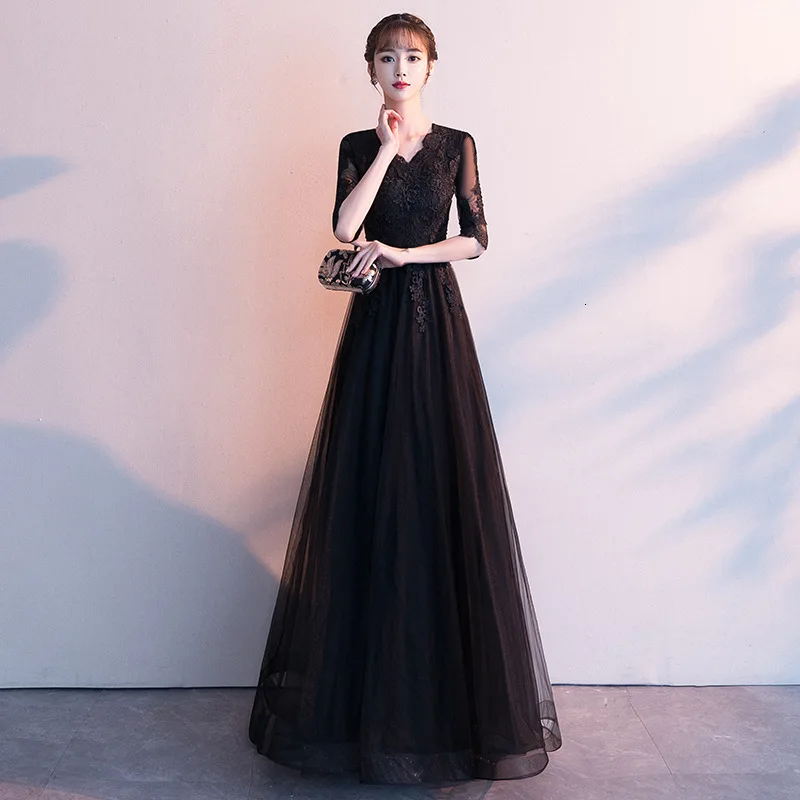 

Mingli Tengda Temperament Evening Formal Engagement Dresses Women Black Lace V Neck Half Sleeve Party Dress Long Robe De Soiree
