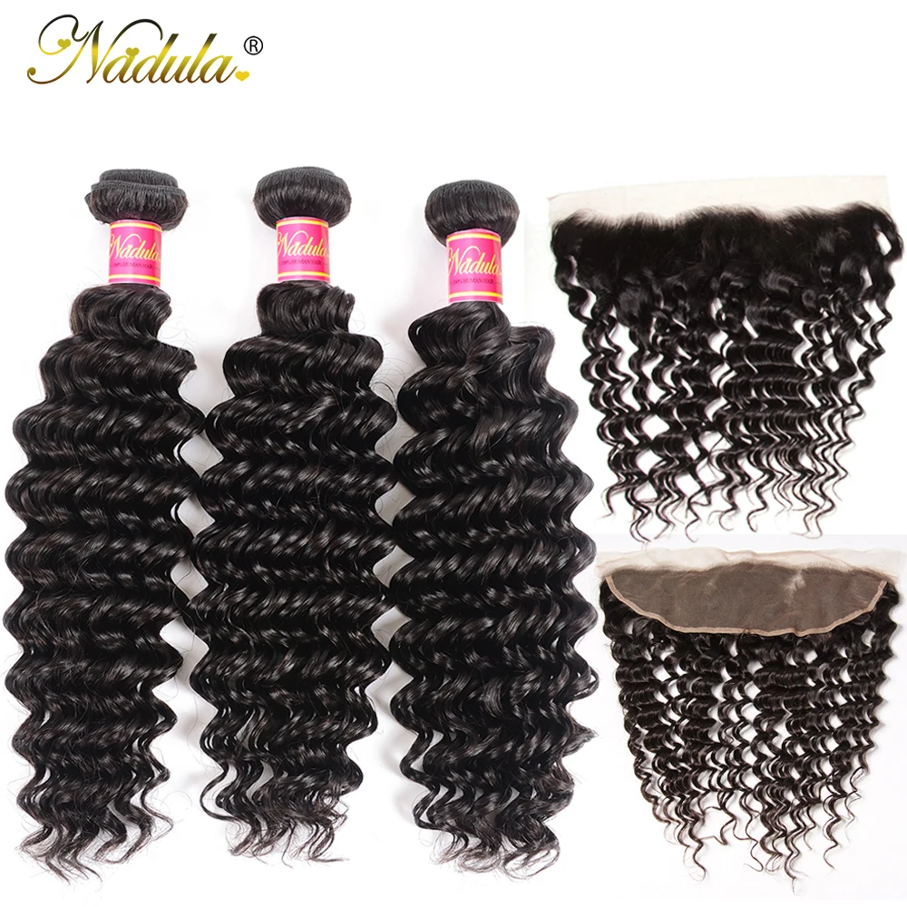 

Nadula Hair Deep Wave Bundles With Fronta Brazilian Hair Weave With Lace Closure 100% Human Hair Natural Color Remy Hair