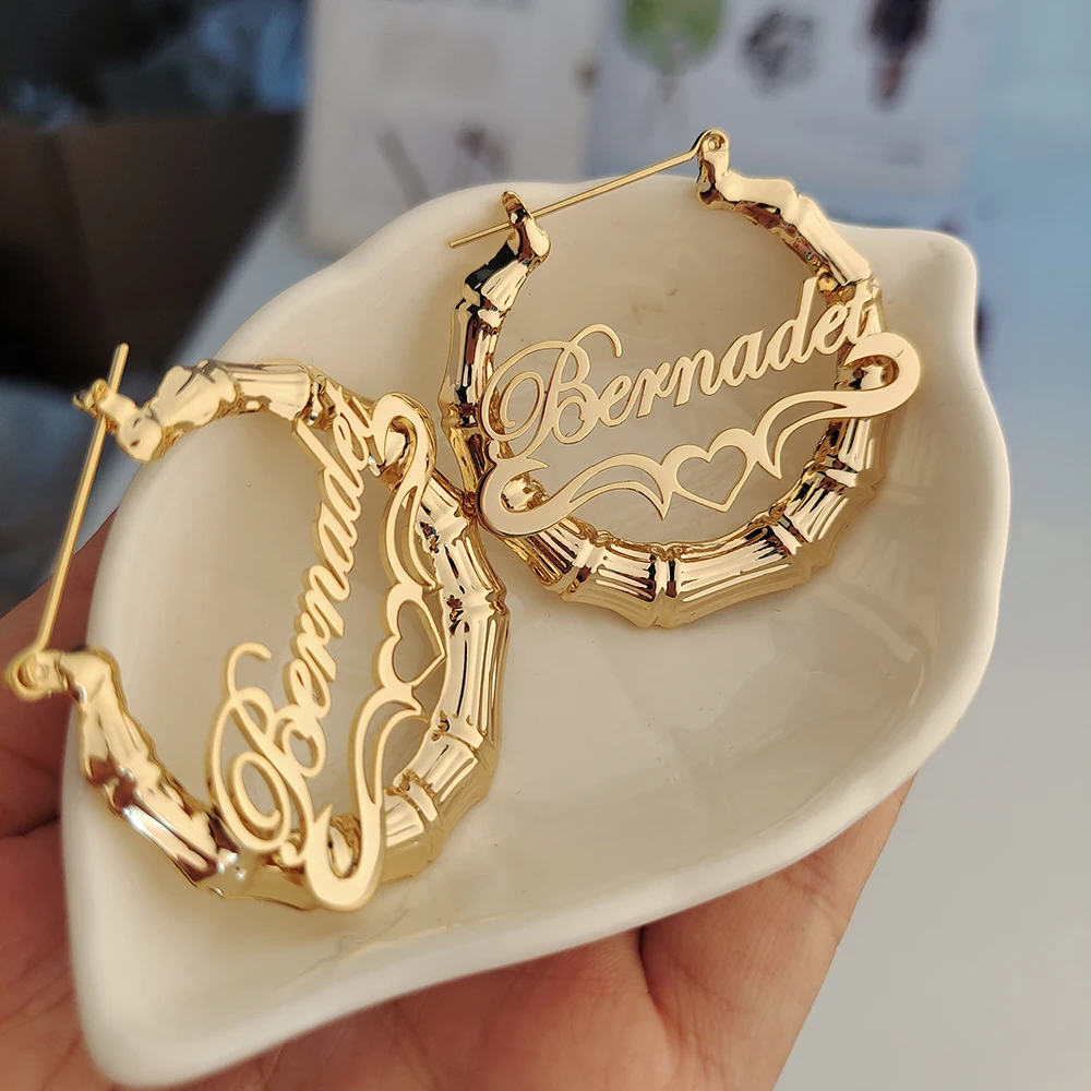 Pendientes de bambú de 40mm-100mm con nombre personalizado, joyería con personalidad de estilo bambú, con diseño en forma de corazón a continuación