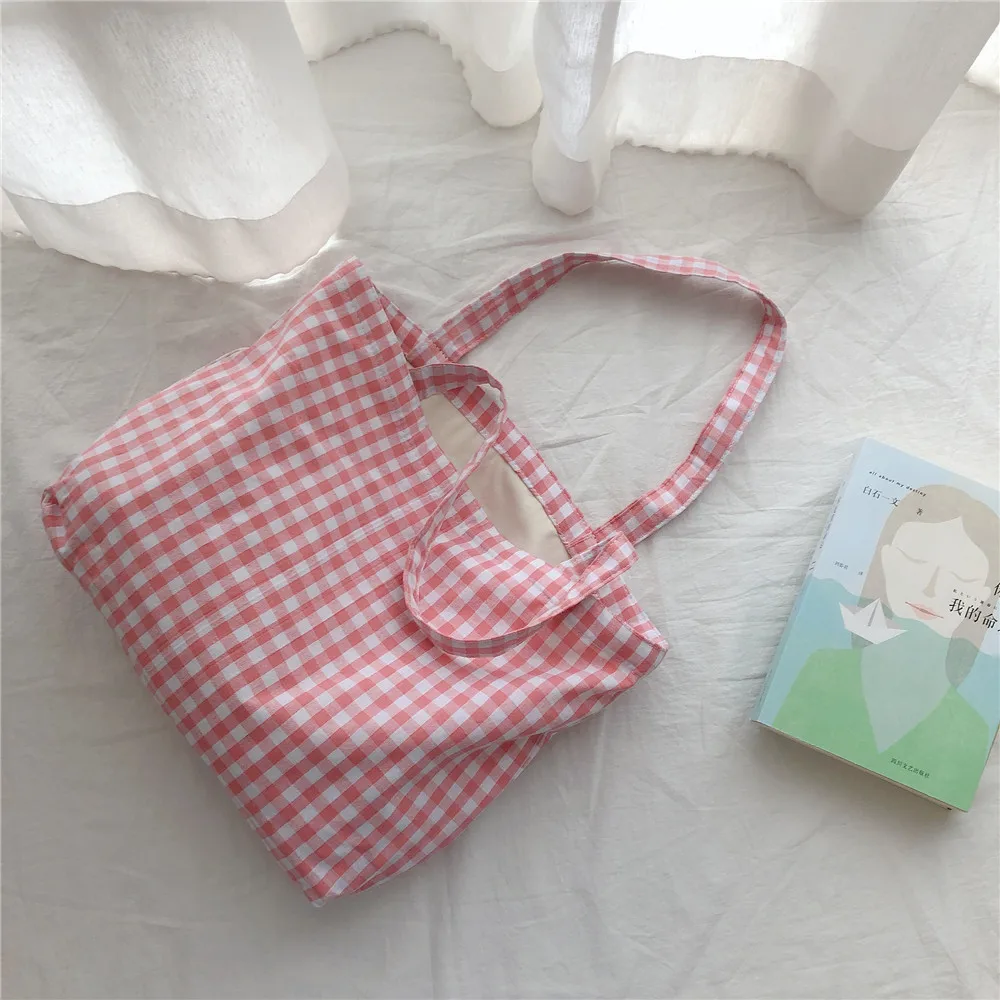 

Fashion Cotton Plaid Shoulder Bag Daily Environmental Durable Cloth Reusable Shopping Tote Women Travel Handbag
