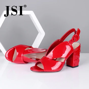

JSI Brand sandals woman elegant polka dot red patent leather hollow design woman high square heel slingbacks sandals BY248