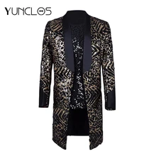 Мужской длинный костюм с леопардовым принтом, с блестками, свадебные, вечерние, для выпускного, костюм певицы, для сцены, Мужской Блейзер, тонкое повседневное пальто, черное, Золотое