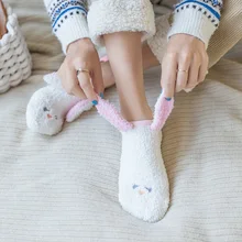 Осенне-зимние модные домашние носки для сна милые плюшевые теплые носки до лодыжки с рисунком медведя и кролика толстые кашемировые носки кораллового цвета