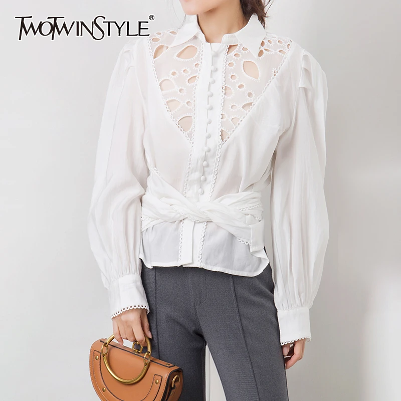 

TWOTWINSTYLE Bowknot Patchwork Lace Hollow Out Shirt Lapel Collar Lantern Long Sleeve Female Shirts Autumn 2020 Fashion New