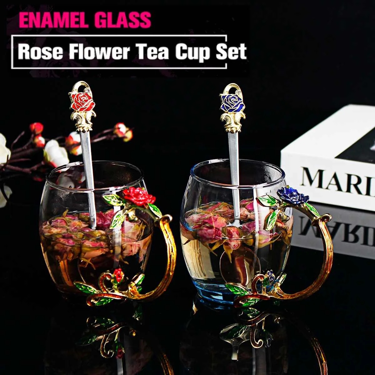 cheap Beauty And Novelty Enamel Coffee Cup Mug Flower Tea Glass Cups for Hot and Cold Drinks Tea Cup Spoon Set Perfect Wedding Gift