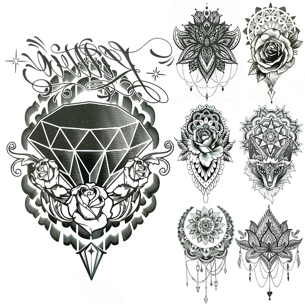 

Black Diamond Temporary Tattoo For Women Fake Jewelry Tattoos Sheets Lion Mandala Henna Rose Flowers Mehndi Tatoos Chest Chains