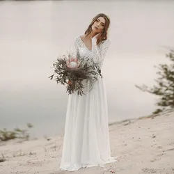 Beach Vestido De Noiva Muslim Wedding Dresses A-line V-neck Long Sleeves Chiffon Lace Boho Wedding Gown Bridal Dress