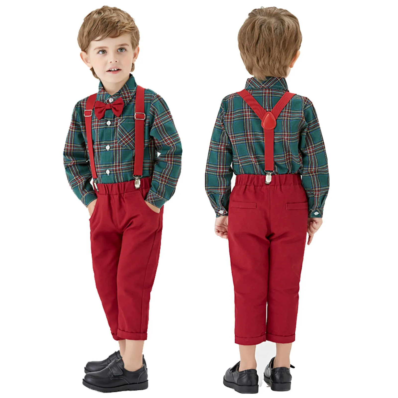 Baby Boy Clothes Set Formal Gentleman Lattice Shirt+Suspender Pant Infant Toddler Child Christmas Outfit Party 1-8Y