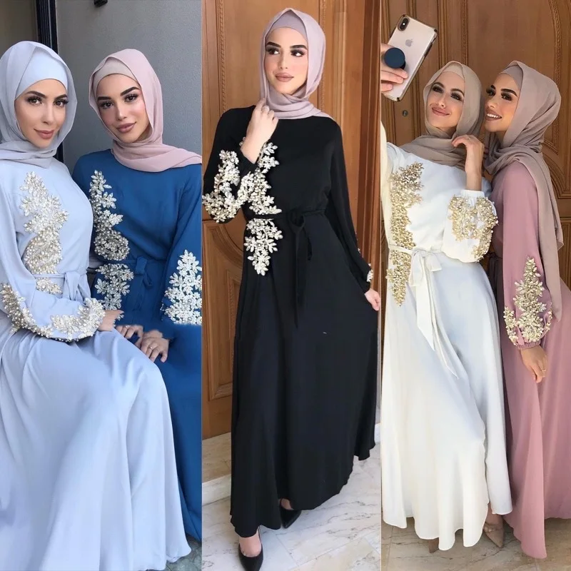 Long Sleeve Hijab Dress For Muslim Women Chiffon Beading Applique Dubai