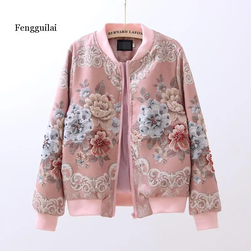 Primavera e Outono Gola de Manga Nova Retro Tribunal Jacquard Bordado Pesado Indústria Frisado Longa Jaqueta Beisebol 2 Cheap Jaquetas básicas