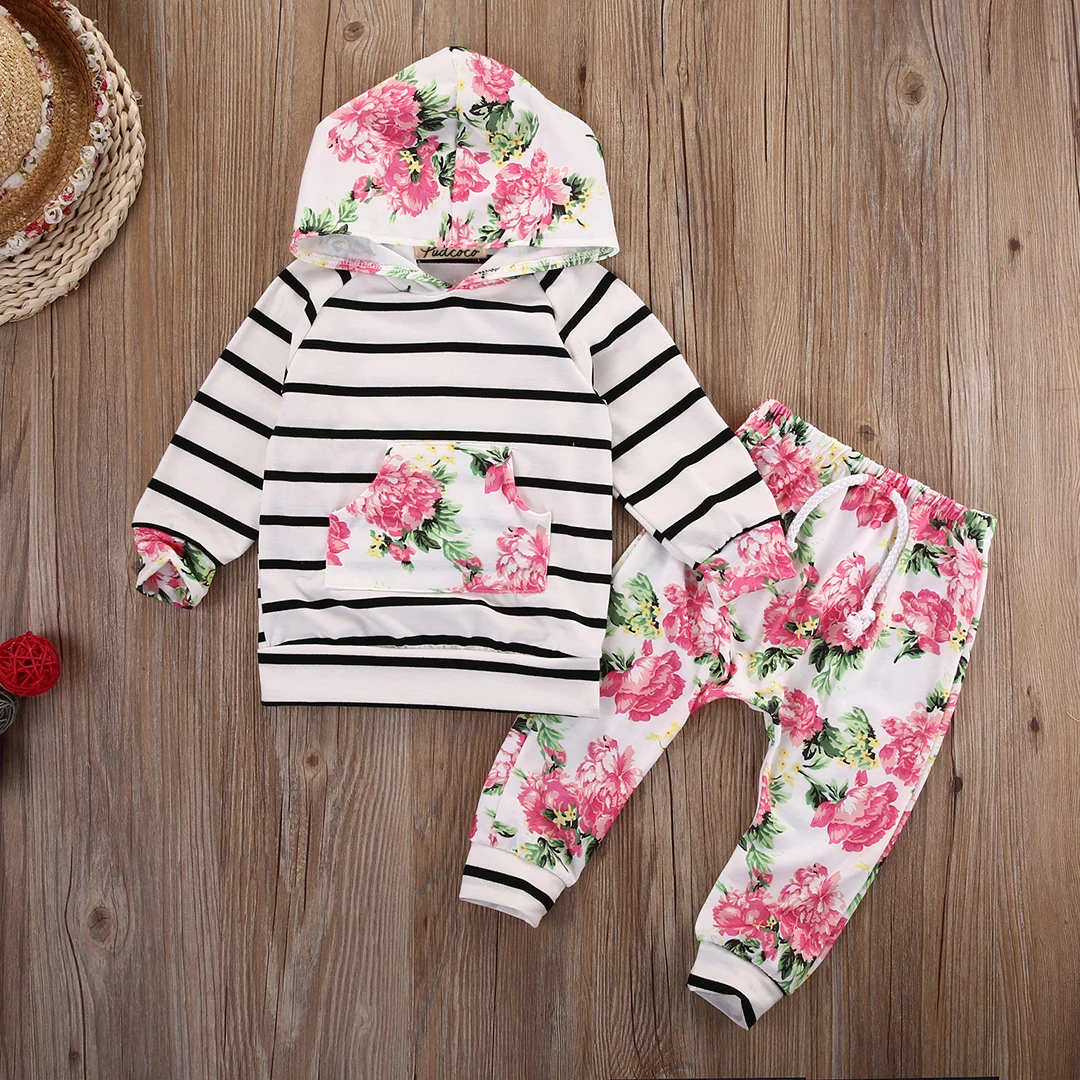  Long sleeve Stripe Hoodie Sweatshirt Top and Floral Pant Tracksuit 2pcs Set For Baby Girl Clothes