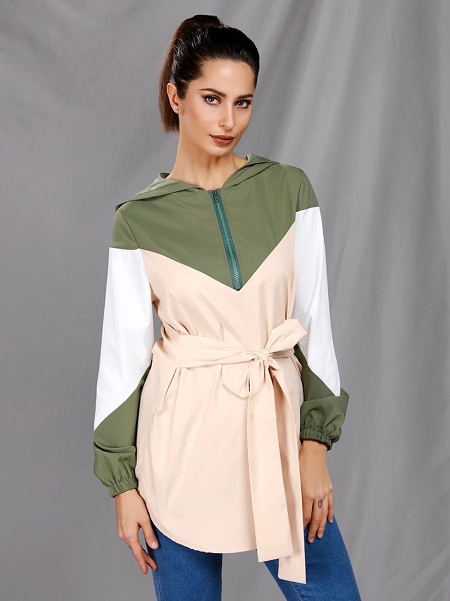 

Bikitique V-Neck Zipper Cap Long Sleeve Patchwork Belt Winter Dress Women Commuting Leisure College Sports Dress sexy Dresses