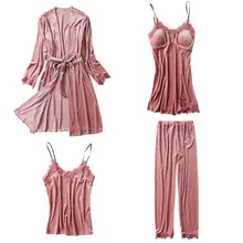 Комплект пижам из 2 предметов; зимняя теплая блестящая бархатная Однотонная ночная рубашка с эффектом пуш-ап и подкладкой; комплект одежды для сна с цветочной кружевной аппликацией