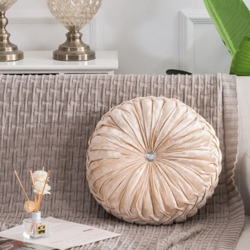 Beige White Европейский стиль Подушка роскошные бархатные подушки Плиссированные ткани ручной работы круглые колеса Тыква подушки сиденья - Цвет: Beige White