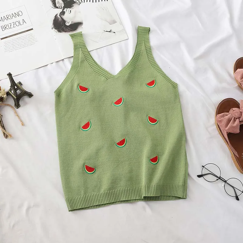 GREEN HELIAR летние спагетти Camisoles женские трикотажные арбуз вышивка кофта с v-вырезом Женская сорочка без рукавов Femme Camis - Цвет: GREEN
