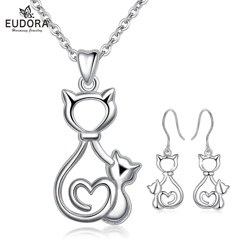 EUDORA, 925 пробы, Серебряная кошка, ювелирный набор, кошка Hellokitty, подвеска, ожерелье, висячие серьги, ювелирное изделие для леди, подарок на день рождения, год