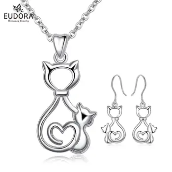 

EUDORA 925 Sterling Silver Cat Jewelry Set HelloKitty Cat Pendant Necklace drop Earrings Jewelry for lady Birthday New Year Gift