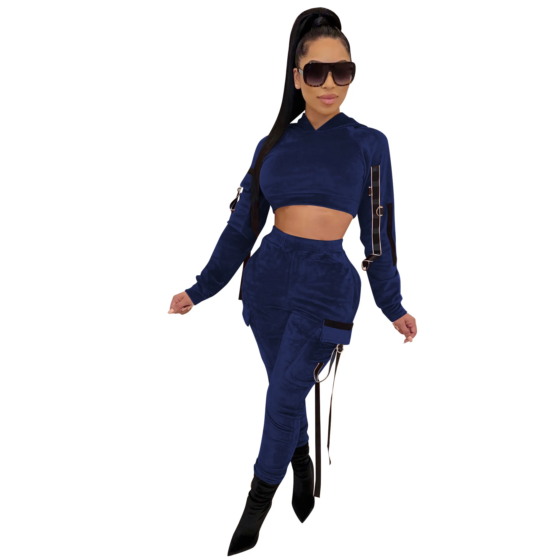 Бархатный комплект из двух предметов размера плюс, зимняя одежда для женщин, укороченный бандажный топ с капюшоном и длинным рукавом+ брюки-карандаш с лентой, комплект из 2 предметов - Цвет: Drak Blue