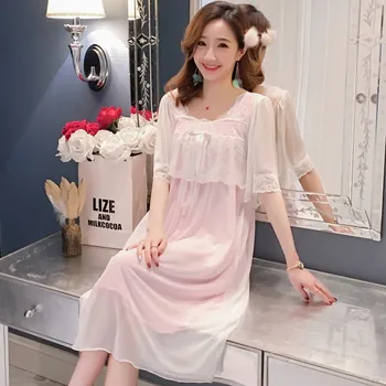 

2019 New Style Summer Princess Style Pure Cotton Lace Tracksuit Nightgown Women's Summer Palace Pajamas Women's