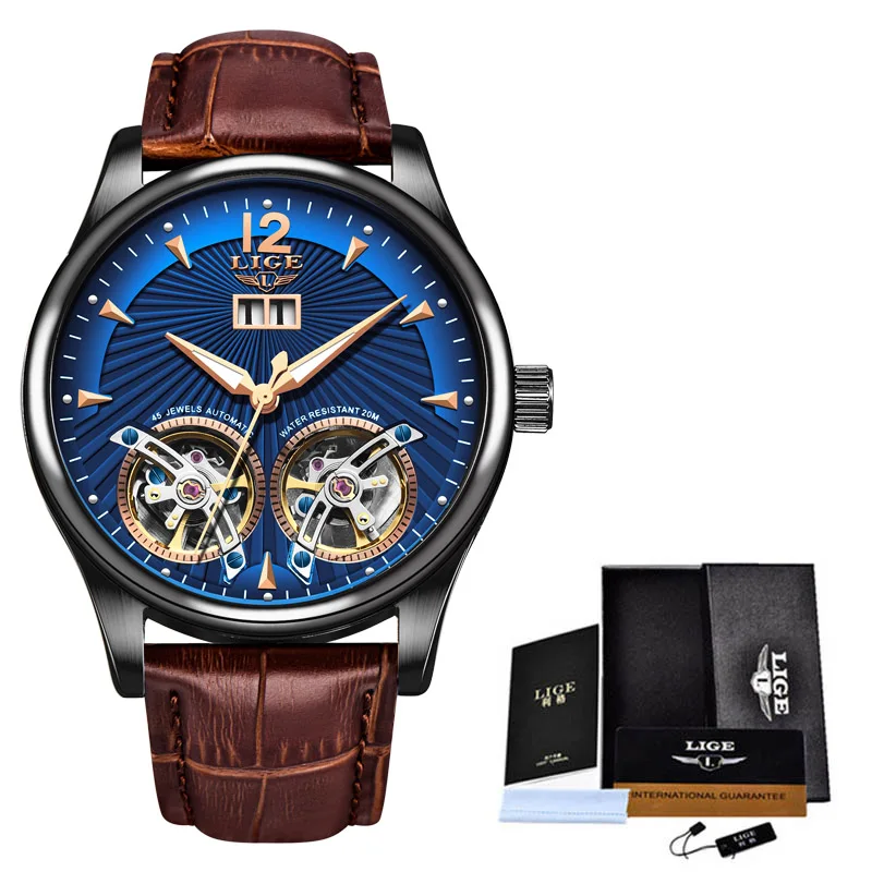 Black blue LIGE, Брендовые мужские часы, автоматические механические часы, Tourbillon, спортивные часы, кожаные, повседневные, деловые, наручные часы, золотые, Relojes Hombre - Цвет: Black blue