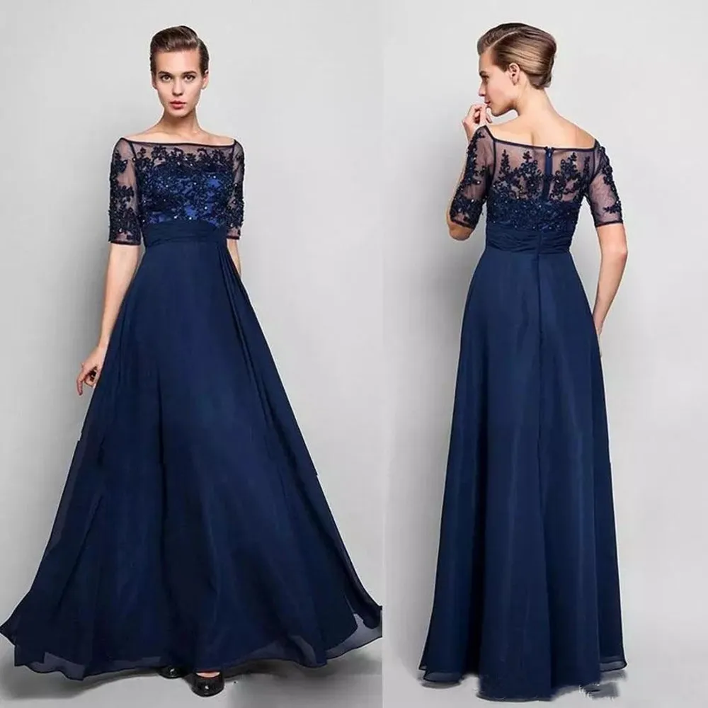 

Vintage Lace Mother of the Bride Groom Dresses with Half Sleeves Off Shoulder Chiffon Beaded Floor Length Formal Evening Gowns