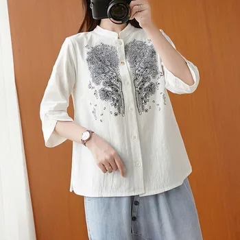 

Women Cotton Linen Casual Shirts New Arrival 2020 Autumn Vintage Style Stand Collar Embroidery Female Long Sleeve Tops S2557