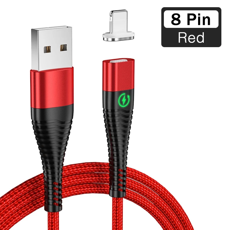 Магнитный светодиодный кабель REDNUT, 1 м, 2 м, Micro usb type C, магнитный usb-кабель для зарядки iPhone X XS Max XR 7 8, huawei, samsung, xiaomi, LG - Цвет: Red for 8 Pin