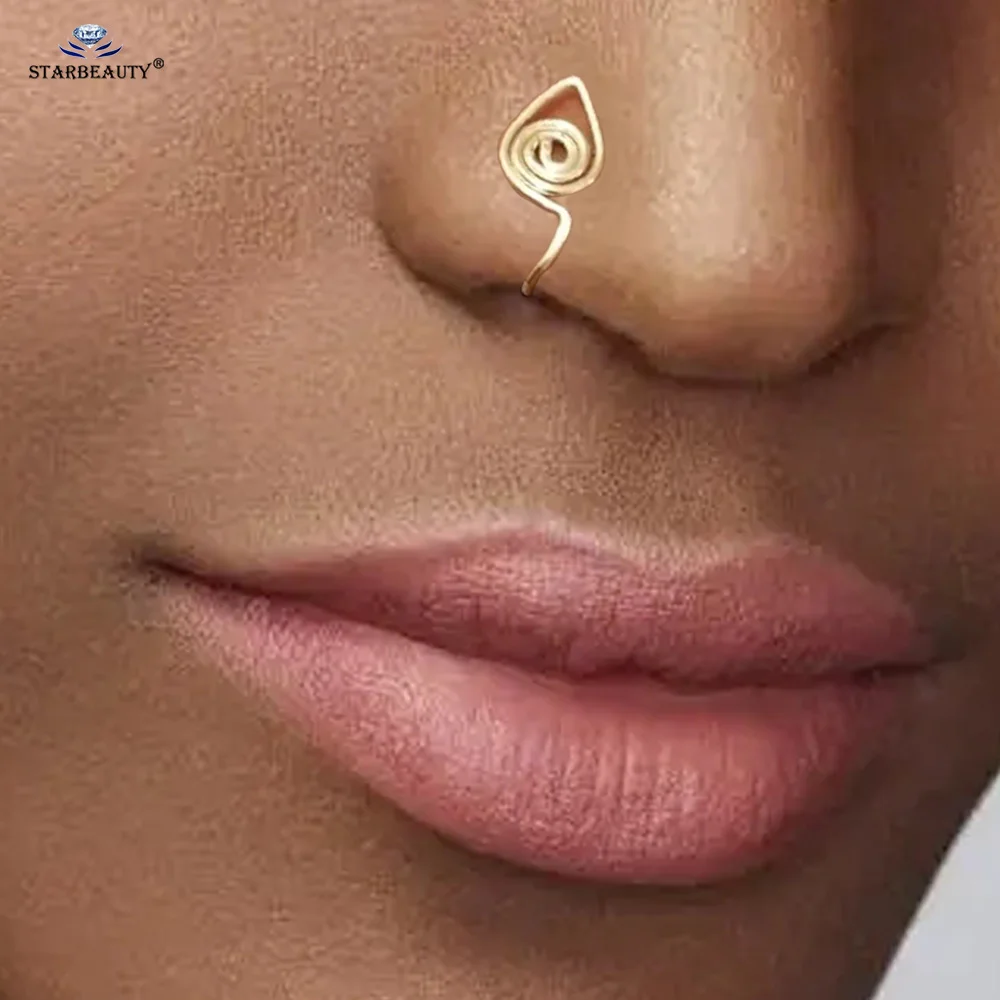 2Pcs New Flexible Trendy Spiral Nose Cuff Pins Gold Color Fake