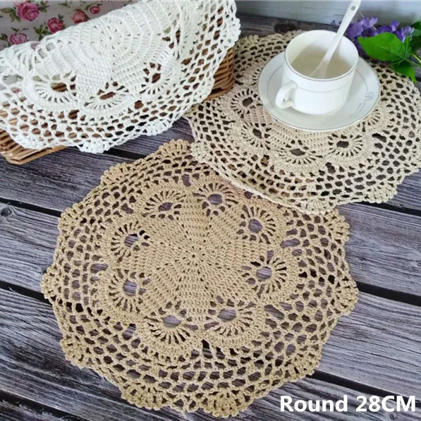 

28CM Round Vintage Crochet Flowers Lace Doilies Christmas Coffee Dining Table Placemat Cloth Cotton Mat Pad Wedding Coasters Set