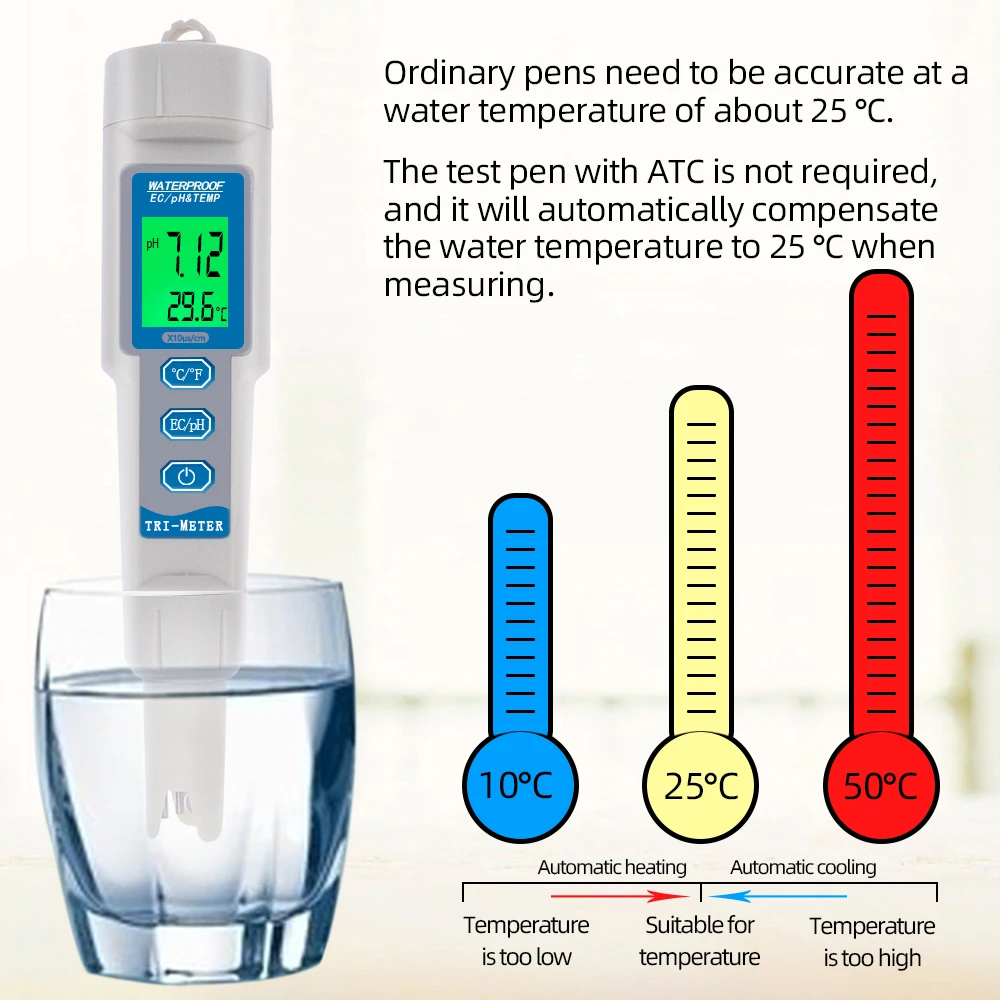 3 в 1 PH EC TEMP 0 01 м Водонепроницаемая цифровая ручка с автоматической температурной