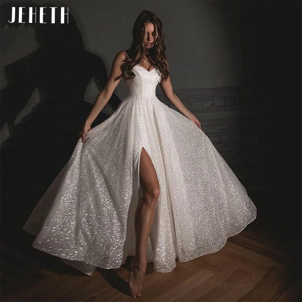 JEHETH Glitter Tulle Side Split Wedding Dresses for Women 2022 Sexy Spaghetti Straps V-Neck Boho Bride Gowns vestidos de novia sexy wedding dresses