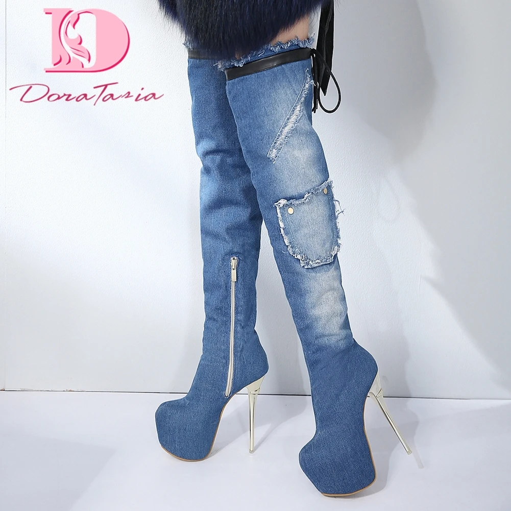 denim thigh high boots
