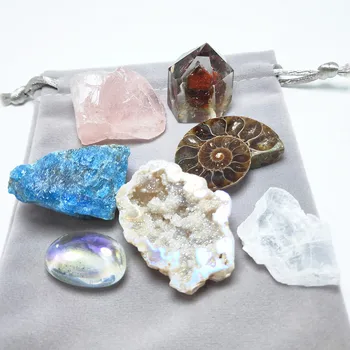 

7pcs Natural mixture Ammonite fossil Specimen garden crystal quartz wand point rough agate geode Crystals Healing stone