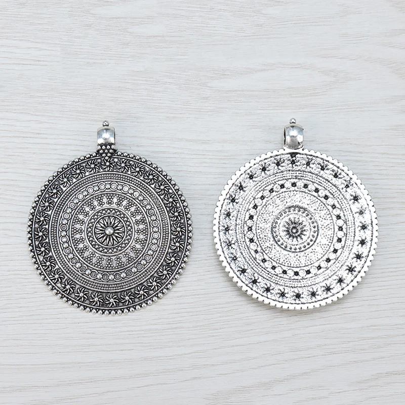 3 x старинное серебро в богемном стиле Boho Племенной большой круглый медальон цветок подвески для Цепочки и ожерелья ювелирных изделий Выводы 76x64 мм