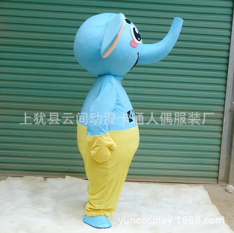 Синий слон Elephish талисман костюм персонажа мультфильма Mascotte взрослый улыбающееся лицо желтые перчатки Брюки