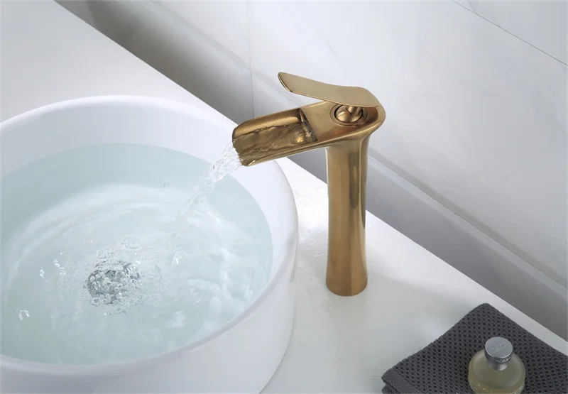 New Style Golden Brushed Waterfall Bathroom Sink Faucet Deck Mounted Single Handle Brass Basin Mixer Tap G1115