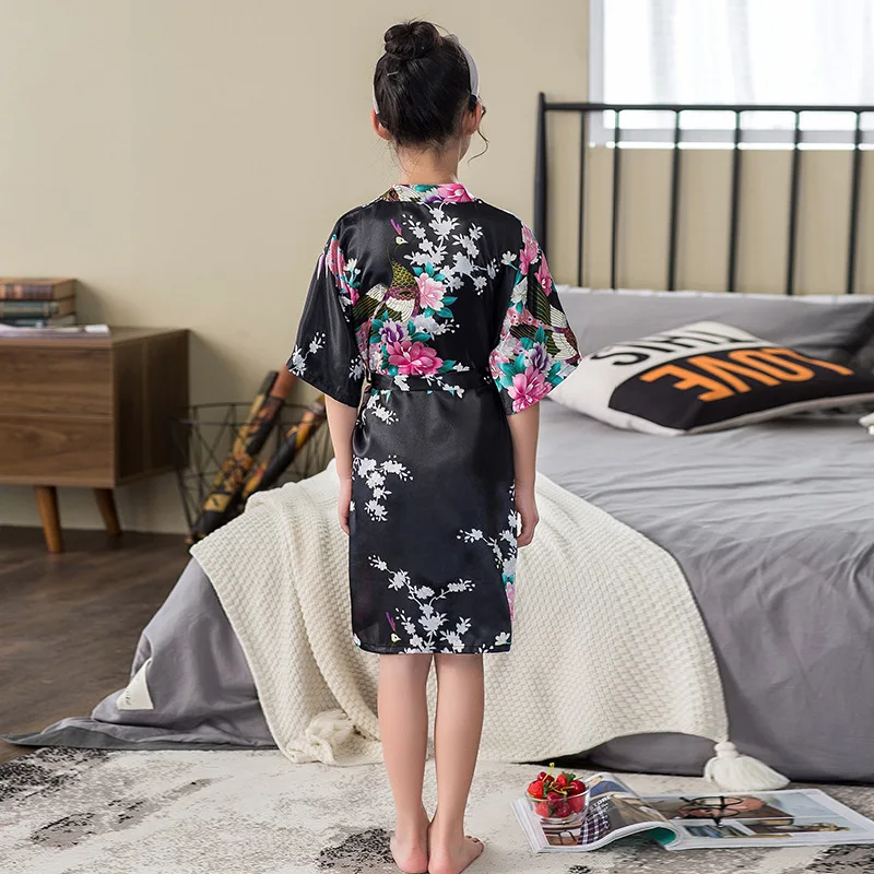 Yao ting Children Silk Pajamas Women's Summer Thin Section Cardigan Girls Printed Peacock Nightgown Tracksuit