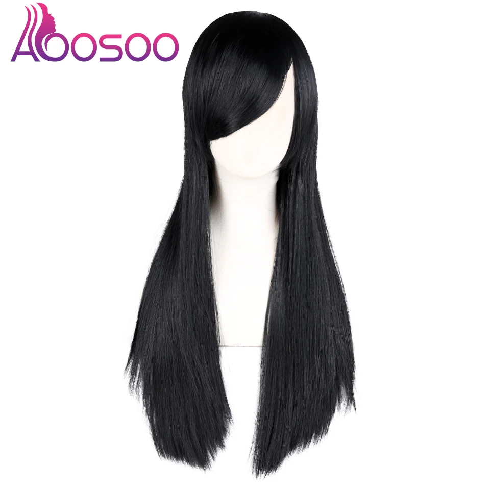 Длинный прямой чистый черный парик с бесплатной челкой синтетический женский 80