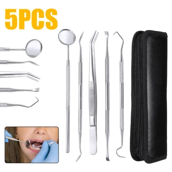 

5pcs/set Dental Tooth Cleaning Scraper Scaler Dental Probe Oral Mirror Tweezers Stainless Steel Teeth Clean Make Up Tools