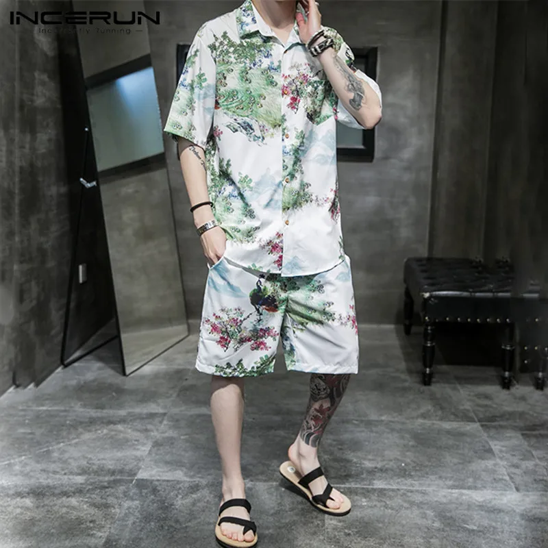 2020 Men Sets Ethnic Style Printed Short Sleeve Vintage Streetwear Lapel Shirt Summer Loose Shorts Men Suit 2 Pieces INCERUN 5XL 2020 Men Sets Ethnic Style Printed Short Sleeve Vintage Streetwear Lapel Shirt Summer Loose Shorts Men Suit 2 Pieces INCERUN 5XL