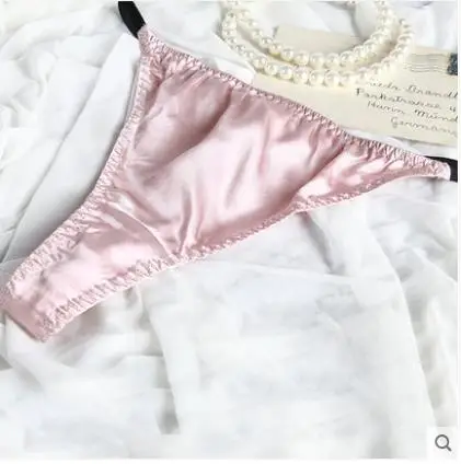 Летние штаны из натурального шелка, тянущиеся женские удобные дышащие Бесшовные талии, шелковые сексуальные трусики-Тонги - Цвет: Розовый