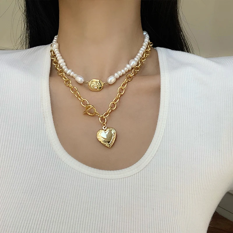 

Brass With 18K Fresh water Pearl Heart Choker Necklace Women Jewelry Runway T Show Party Designer Gown Top Ins Japan Korean