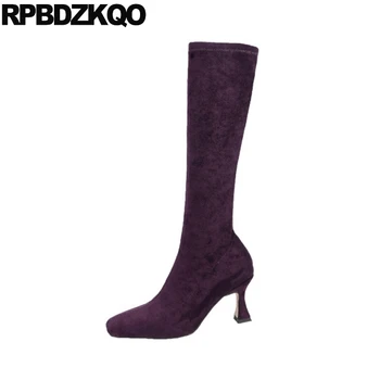 

10 square toe slim sexy high heel thigh boots for plus size women casual knee stretch purple big 11 chunky long over the shoes