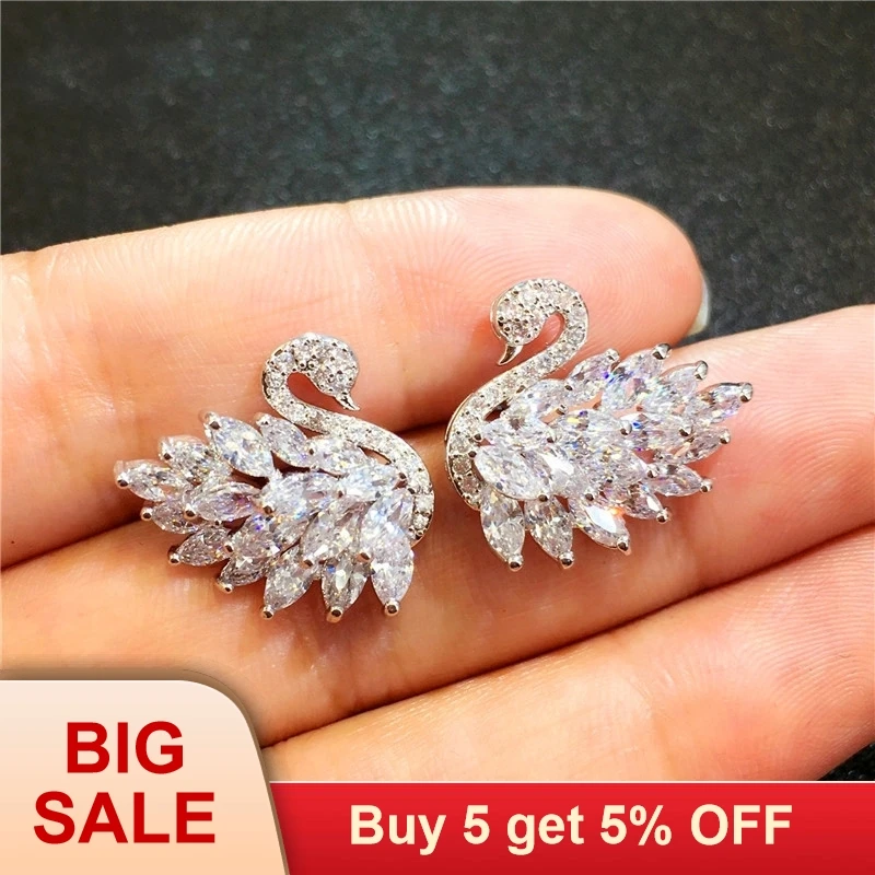 Женские серьги гвоздики с лебедем белые/черные стразы модные ювелирные изделия