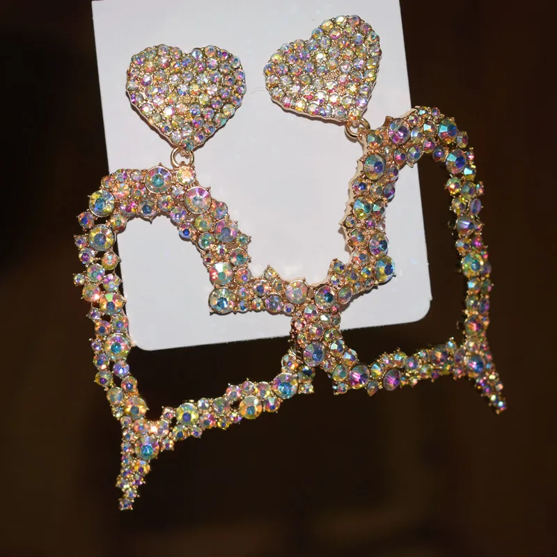 GOLD Bling AB Цвет Стразы кулон с большим сердцем Женские Висячие серьги аксессуары модные свадебные массивные серьги ювелирные изделия - Окраска металла: GOLD