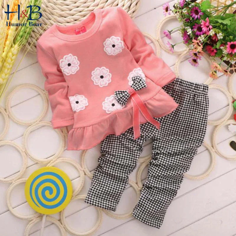 PROD 4001270315376 Humor Bear Girls Clothing Sets Spring and Autumn
Korean Girl Flower Bowknot Long Sleeve + Plaid Pants 2-piece Suits