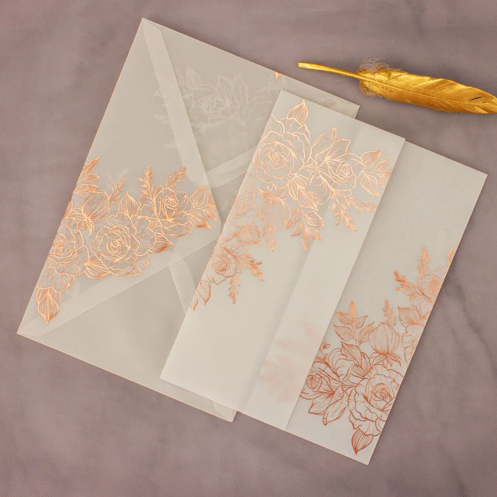 1set Vellum Wedding Invitation Cards Rose Gold Foil Bridal Shower Invite with Envelopes Purple Blue Pink Gilding Silver Stamping