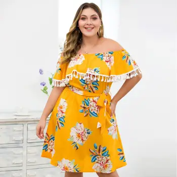 

XL-4XL Yellow Flower Print Mini Short Dress Sash Neck Off The Shoulder Short Plus Size Dress Tassel Casual Fashion Dress